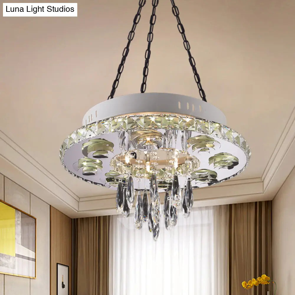 Contemporary Crystal Chandelier - White Circular Design With 6 Lights And Droplets