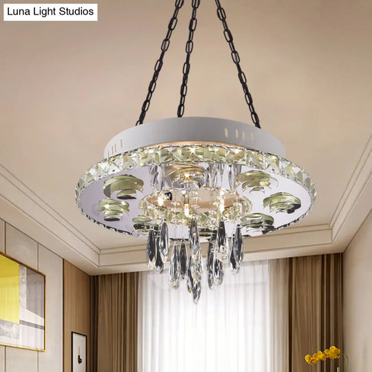 Contemporary Crystal Chandelier - White Circular Design With 6 Lights And Droplets