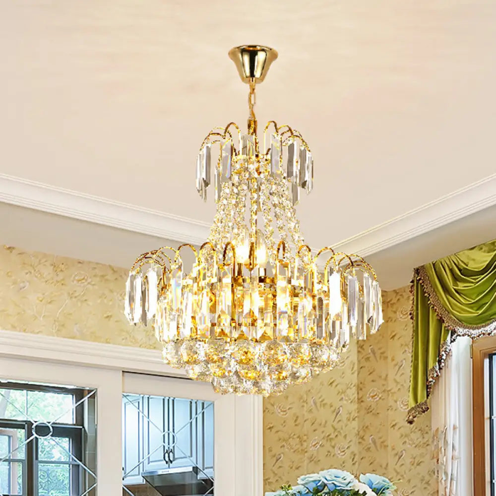 Contemporary Crystal Chandelier With 6 Gold Lights - Flute Conic Pendulum Design