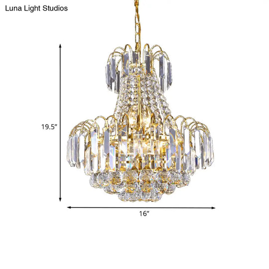 Contemporary Crystal Chandelier With 6 Gold Lights - Flute Conic Pendulum Design