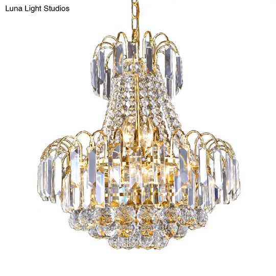 Contemporary Crystal Chandelier With 6 Gold Lights - Flute Conic Pendulum Design