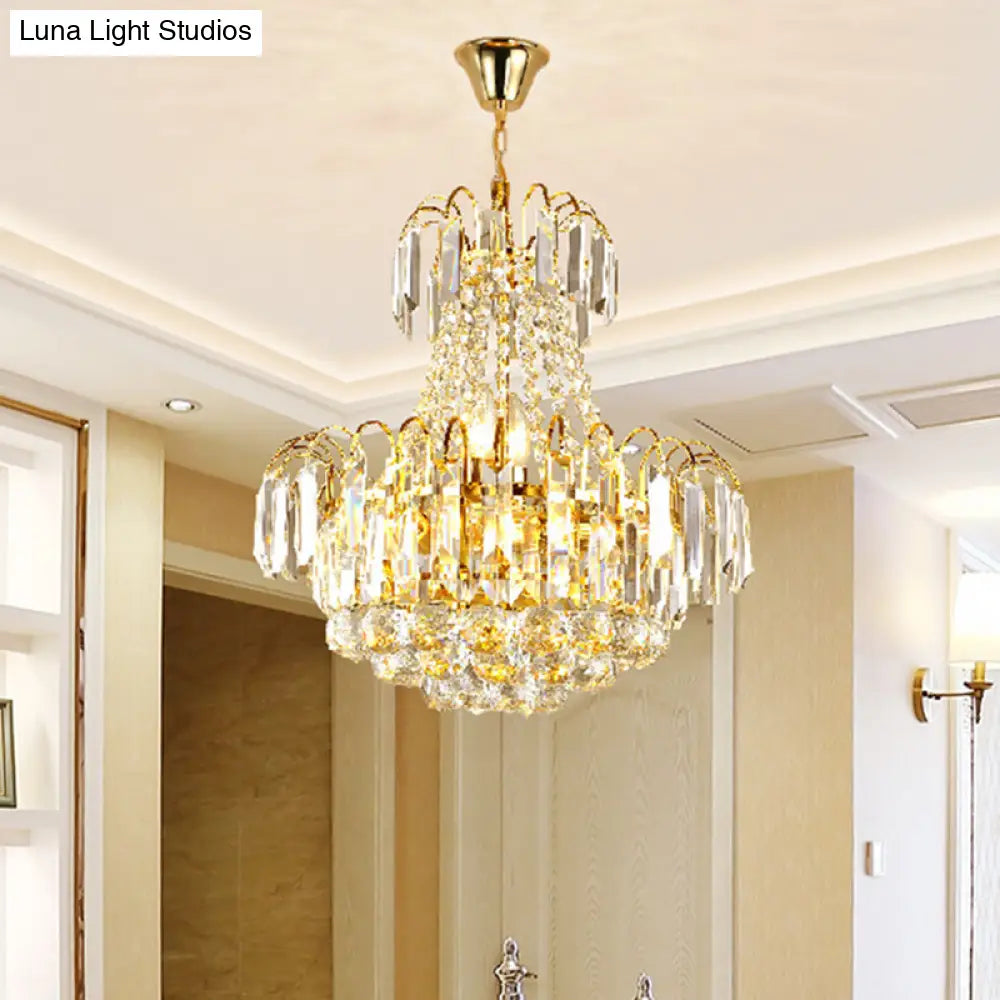 Contemporary Crystal Chandelier With 6 Gold Lights - Flute Conic Pendulum Design