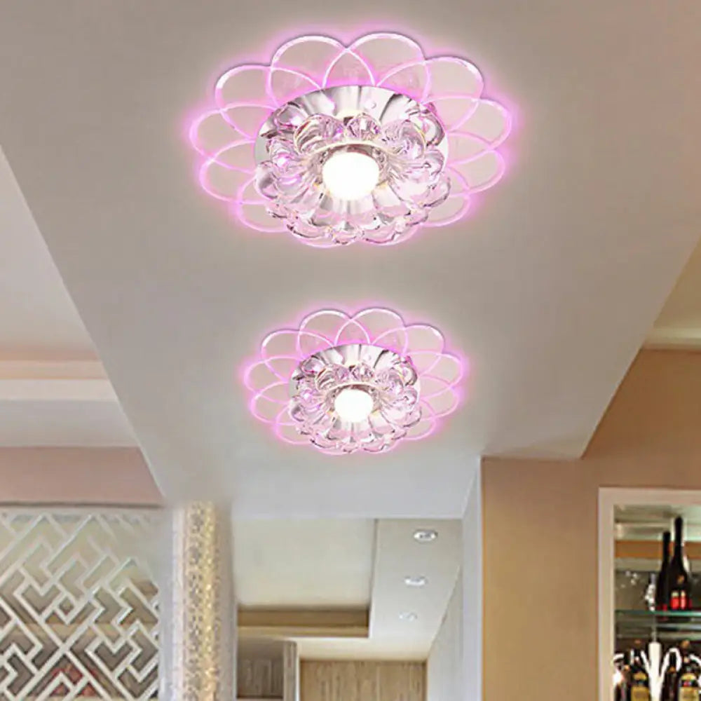 Contemporary Crystal Clear Led Flush Mount Ceiling Light With Floral Design / 3W Purple