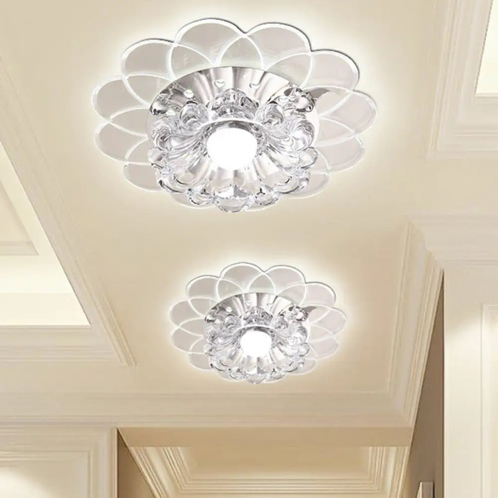 Contemporary Crystal Clear Led Flush Mount Ceiling Light With Floral Design / 3W White