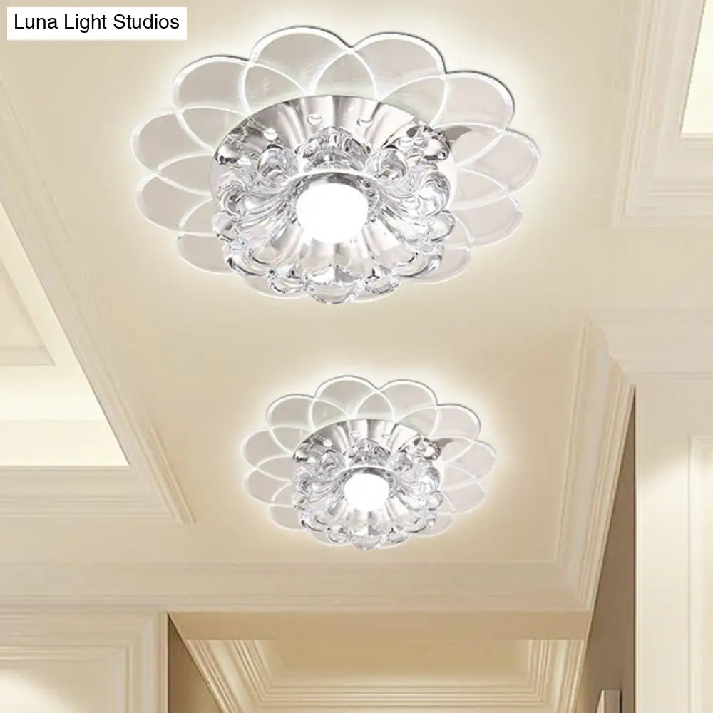 Contemporary Crystal Clear Led Flush Mount Ceiling Light With Floral Design / 3W White