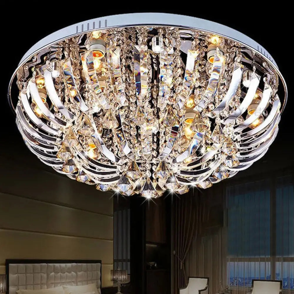 Contemporary Crystal Dome Flush Mount Light - 9/12 Lights 23.5’/31.5’ Wide Chrome Ceiling