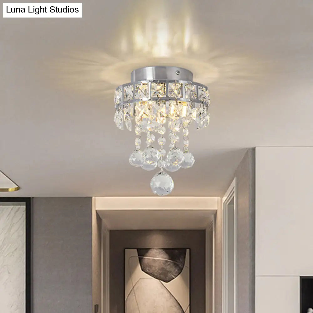 Contemporary Crystal Draping Ceiling Fixture: Ring Frame Silver Semi Flush Light