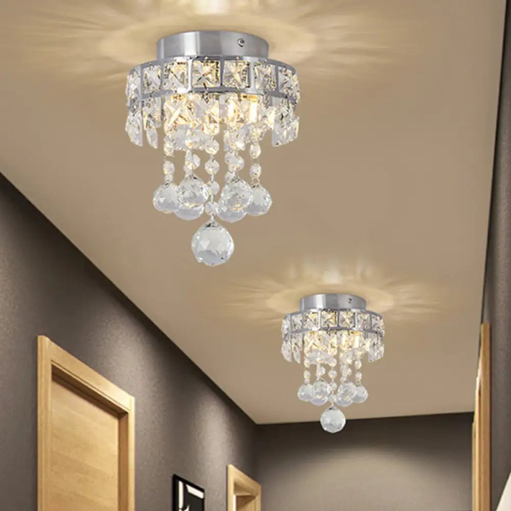 Contemporary Crystal Draping Ceiling Fixture: Ring Frame Silver Semi Flush Light Clear
