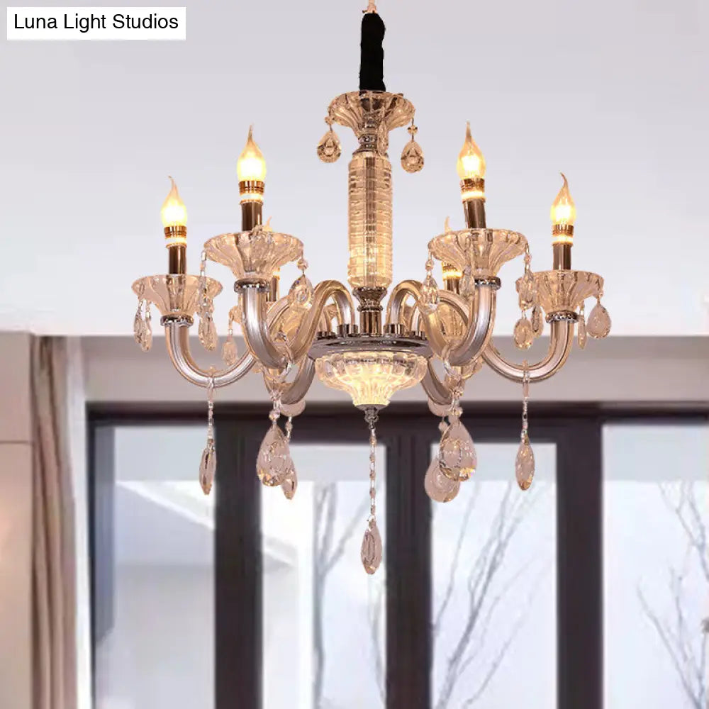 Contemporary Crystal Drop Candelabra Pendant Chandelier - Silver 6/8 Heads 23.5/31.5 Wide