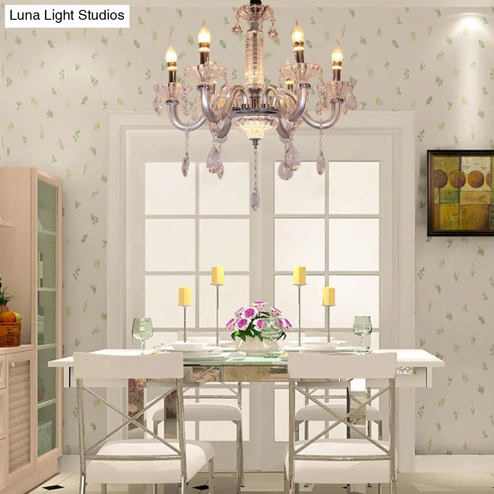 Contemporary Crystal Drop Candelabra Hanging Lamp - 6/8 Heads 23.5’/31.5’ Wide Silver Pendant