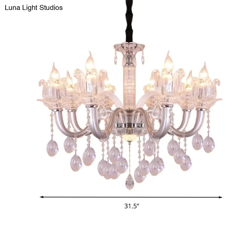 Contemporary Crystal Drop Candelabra Hanging Lamp - 6/8 Heads 23.5’/31.5’ Wide Silver Pendant