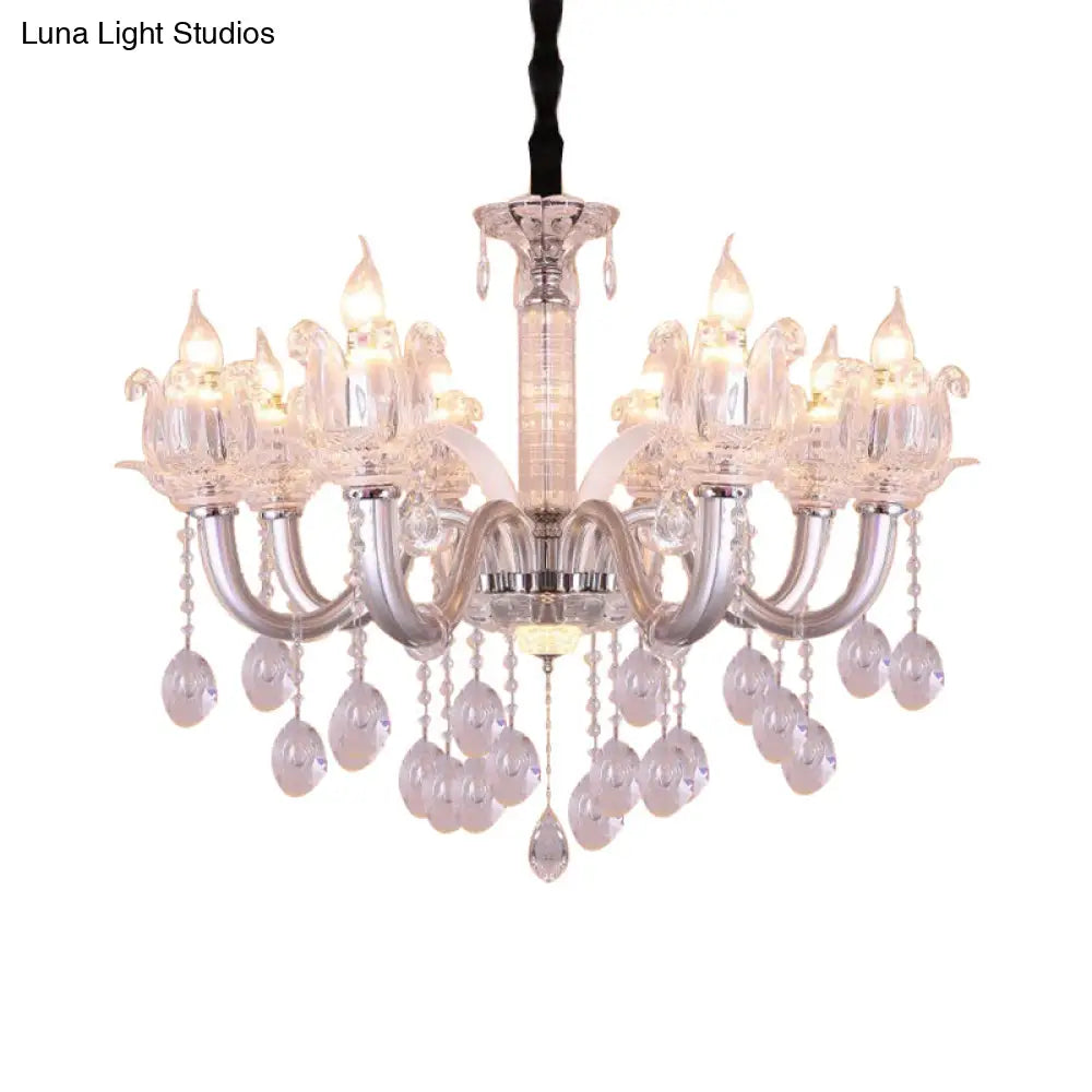 Contemporary Crystal Drop Candelabra Hanging Lamp - 6/8 Heads 23.5’/31.5’ Wide Silver Pendant