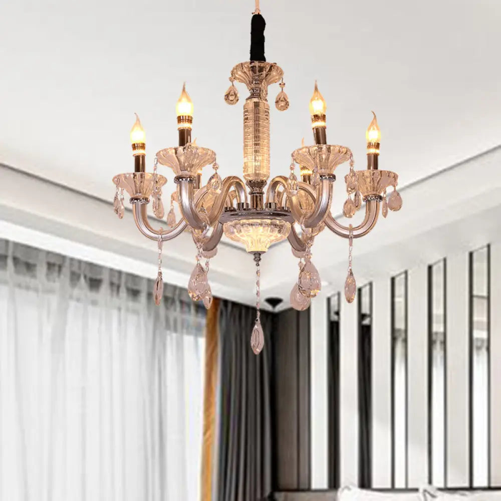 Contemporary Crystal Drop Candelabra Hanging Lamp - 6/8 Heads 23.5’/31.5’ Wide Silver Pendant