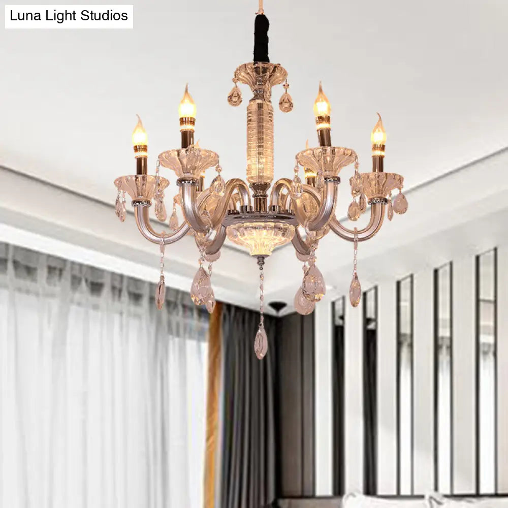 Contemporary Crystal Drop Candelabra Pendant Chandelier - Silver 6/8 Heads 23.5/31.5 Wide / 23.5