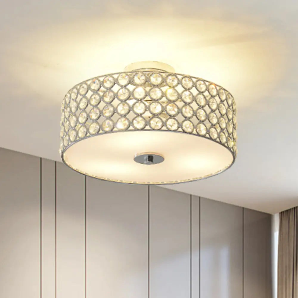 Contemporary Crystal Drum Ceiling Flush Light - 3 - Light White Bedroom Mount Lamp