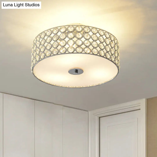 Contemporary Crystal Drum Ceiling Flush Light - 3 - Light White Bedroom Mount Lamp