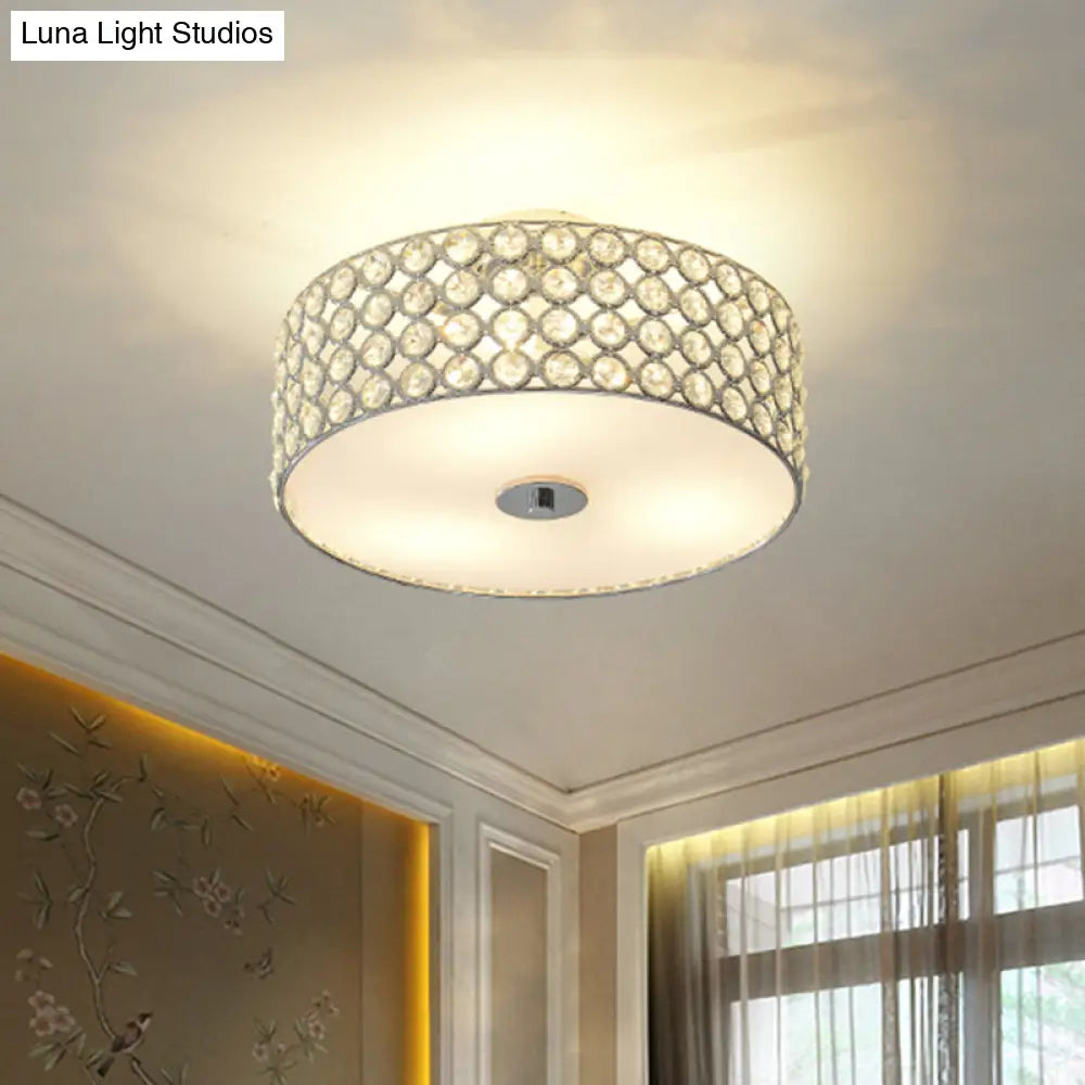 Contemporary Crystal Drum Ceiling Flush Light - 3 - Light White Bedroom Mount Lamp