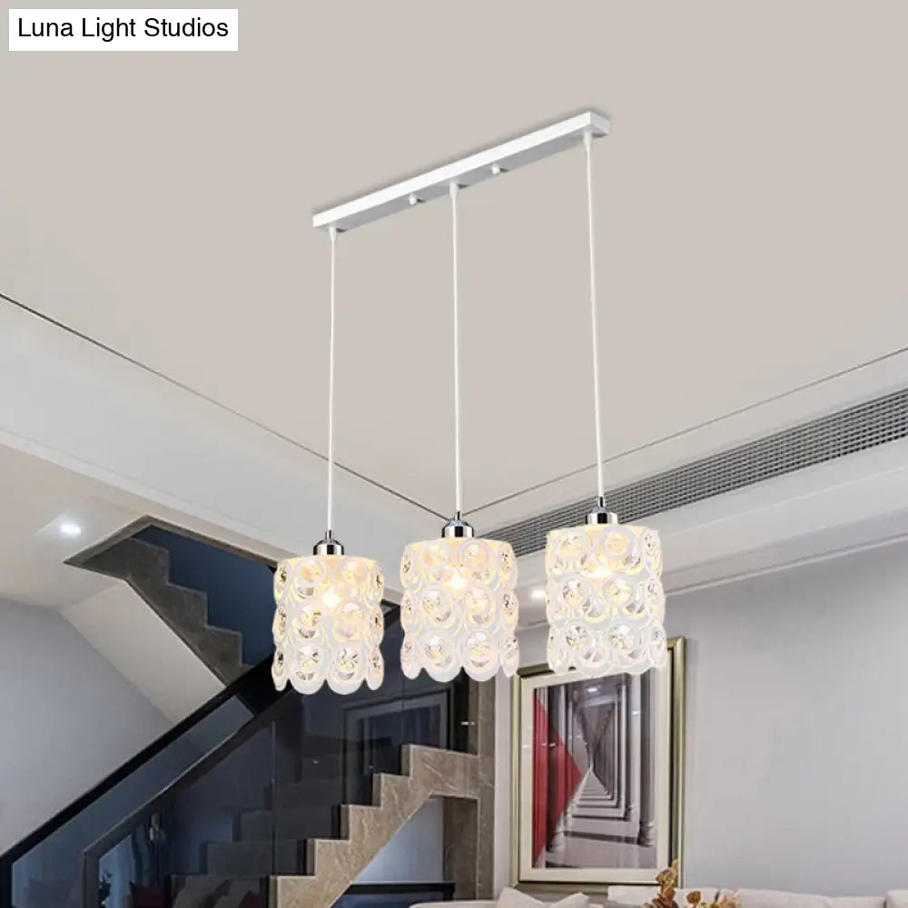 Contemporary Crystal-Encrusted Domed Pendulum Cluster Pendant Light With 3-Bulb White Finish