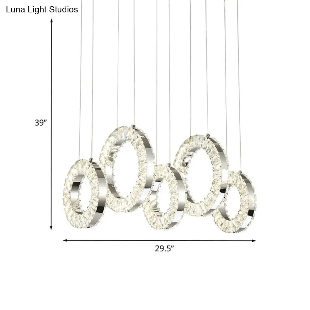 Contemporary Pendant Hanging Lamp With Crystal-Encrusted Circles - Nickel Finish 5 Lights