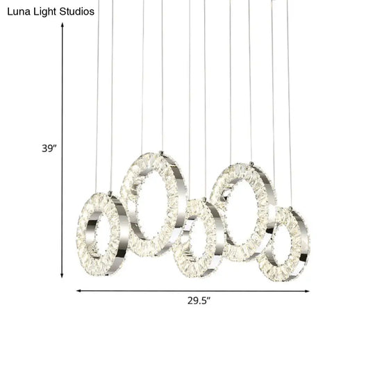 Contemporary Pendant Hanging Lamp With Crystal-Encrusted Circles - Nickel Finish 5 Lights