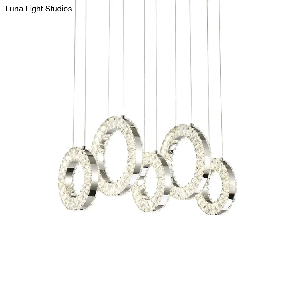 Contemporary Crystal-Encrusted Nickel Pendant Lamp - 5 Lights Over Table