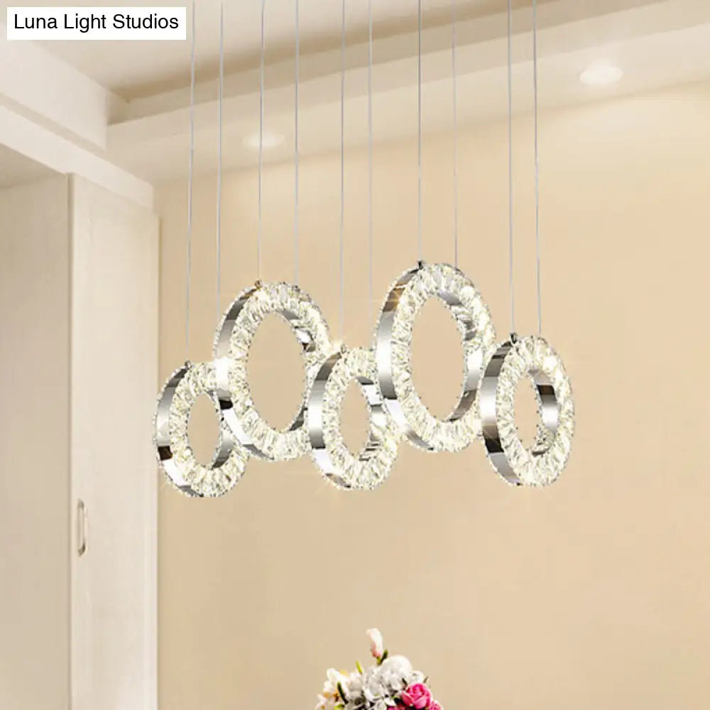 Contemporary Pendant Hanging Lamp With Crystal-Encrusted Circles - Nickel Finish 5 Lights