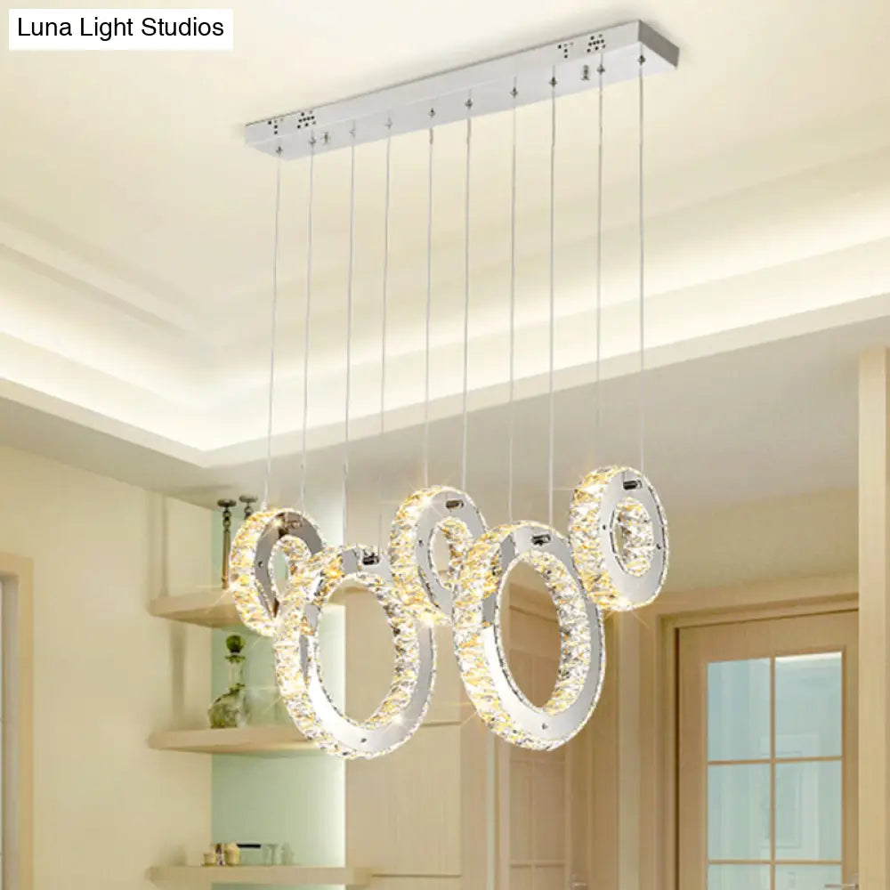 Contemporary Pendant Hanging Lamp With Crystal-Encrusted Circles - Nickel Finish 5 Lights