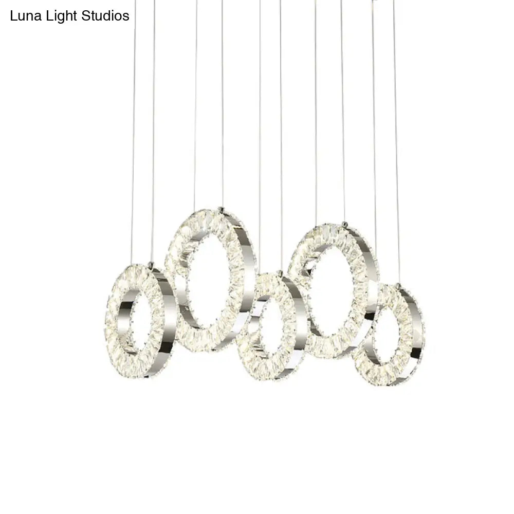 Contemporary Pendant Hanging Lamp With Crystal-Encrusted Circles - Nickel Finish 5 Lights