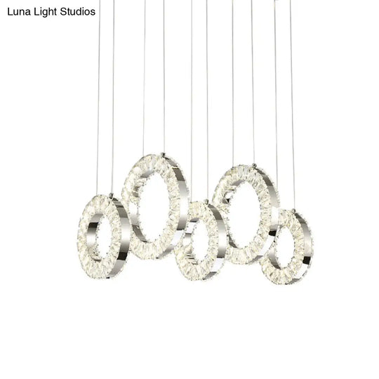 Contemporary Pendant Hanging Lamp With Crystal-Encrusted Circles - Nickel Finish 5 Lights