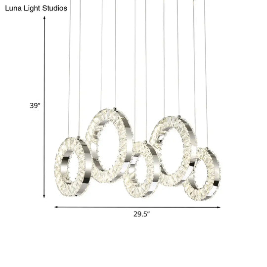 Contemporary Crystal-Encrusted Nickel Pendant Lamp - 5 Lights Over Table