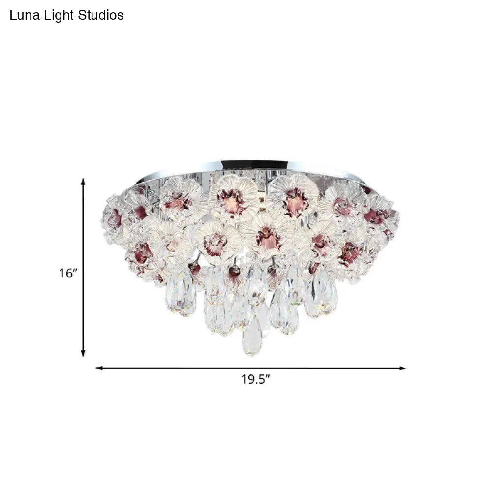 Contemporary Crystal Flower Ceiling Lamp - 3-Light Flushmount Lighting For Living Room