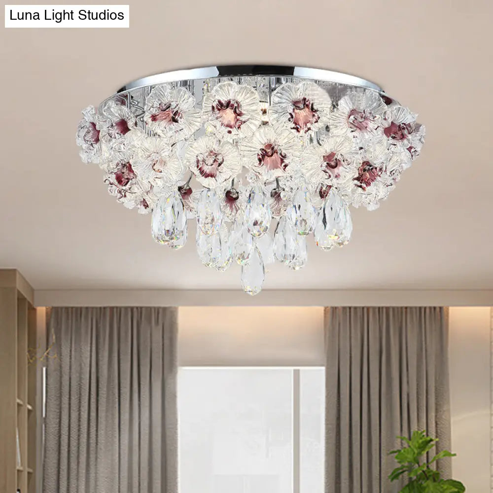 Contemporary Crystal Flower Ceiling Lamp - 3-Light Flushmount Lighting For Living Room