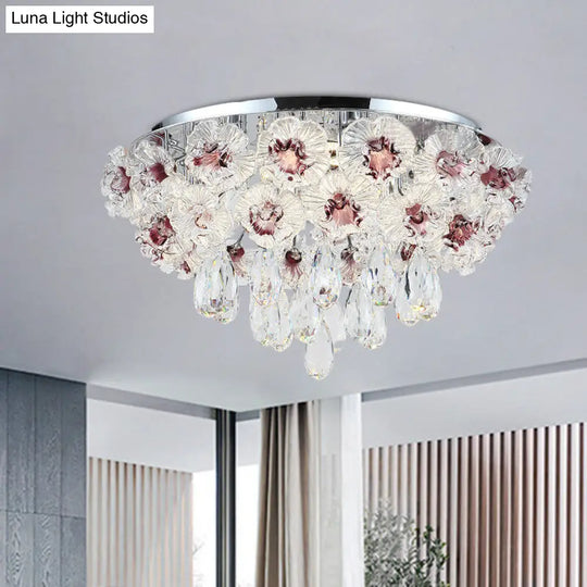 Contemporary Crystal Flower Ceiling Lamp - 3-Light Flushmount Lighting For Living Room Clear
