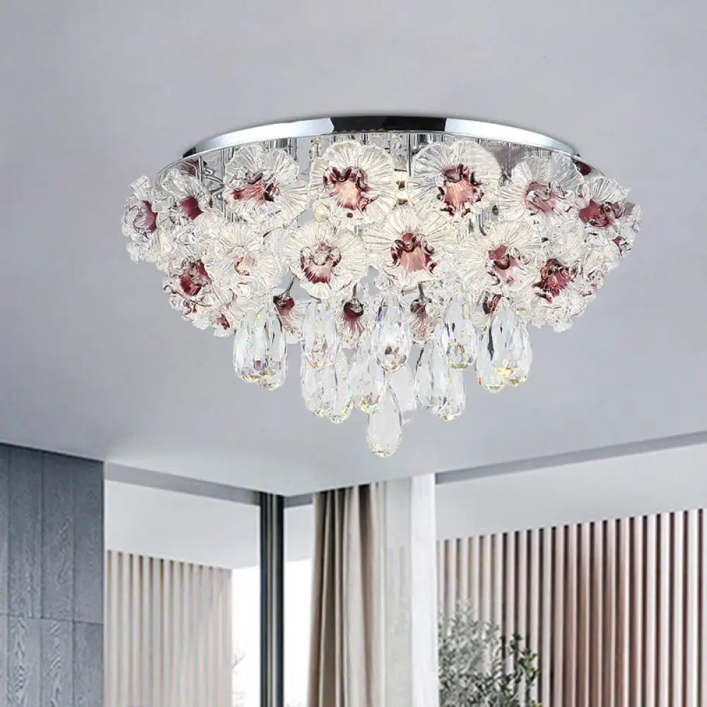 Contemporary Crystal Flower Ceiling Lamp - 3-Light Flushmount Lighting For Living Room Clear