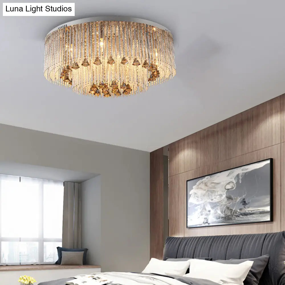 Contemporary Crystal Flush Light Fixture - Round Nickel Ceiling Mount For Living Room (9/12/18