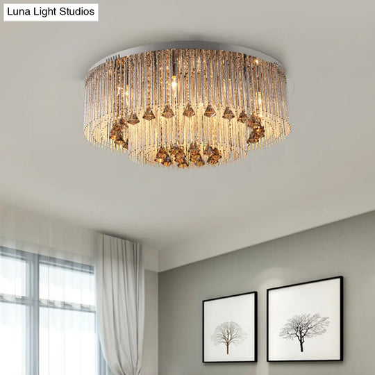Contemporary Crystal Flush Light Fixture - Round Nickel Ceiling Mount For Living Room (9/12/18