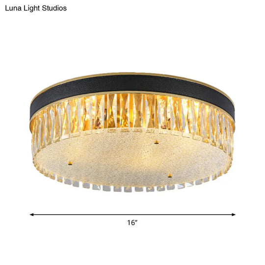Contemporary Crystal Flush Mount Light In Gold 3/4 Heads Rectangle-Cut Drum Shape 12/16 Width