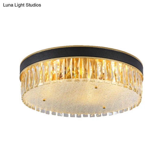 Contemporary Crystal Flush Mount Light In Gold 3/4 Heads Rectangle-Cut Drum Shape 12/16 Width