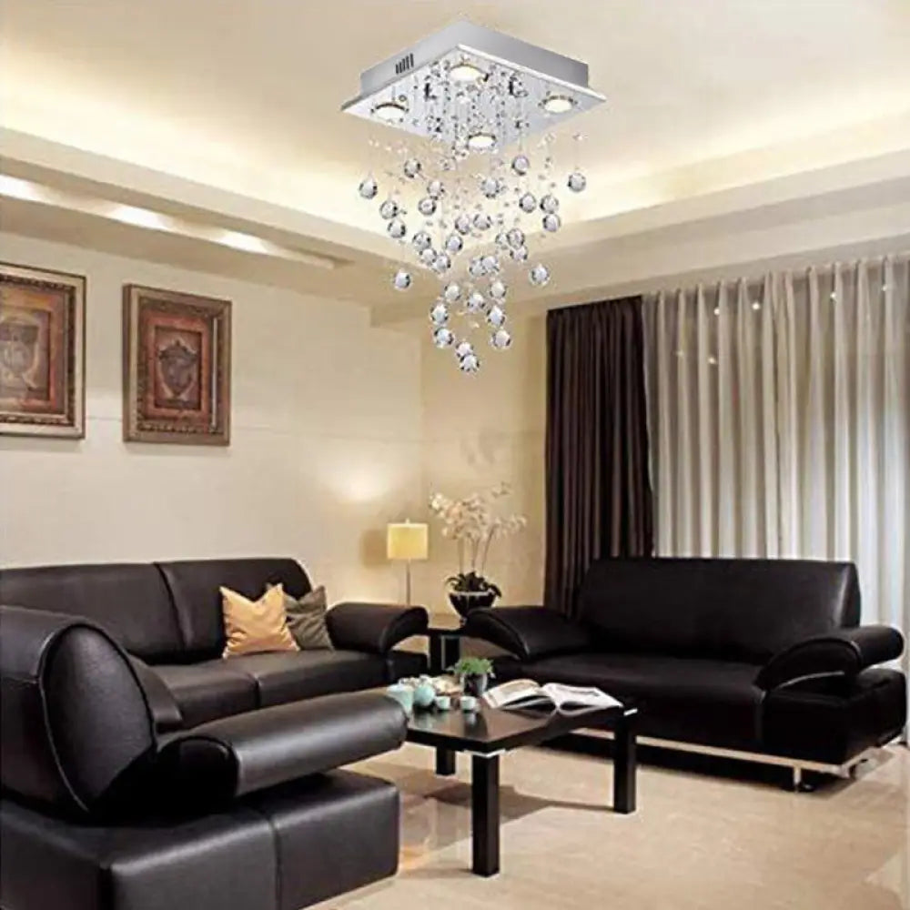 Contemporary Crystal Flush Mount Light With 4 Teardrop Lights For Living Room In Nickel Finish