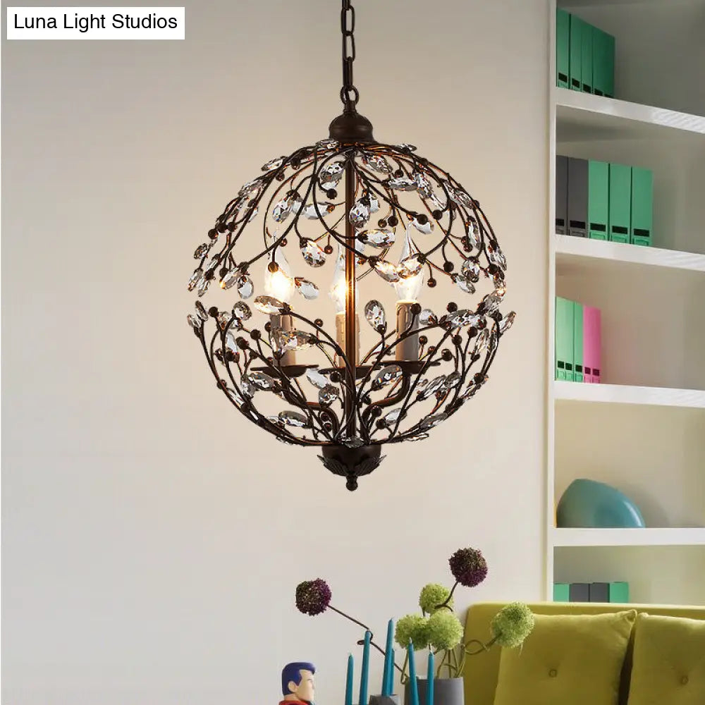 Contemporary Crystal Globe Chandelier - 3 Bulbs Black/Bronze Pendant Light For Dining Room