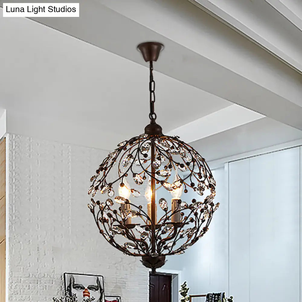 Contemporary Crystal Globe Chandelier - 3 Bulbs Black/Bronze Pendant Light For Dining Room