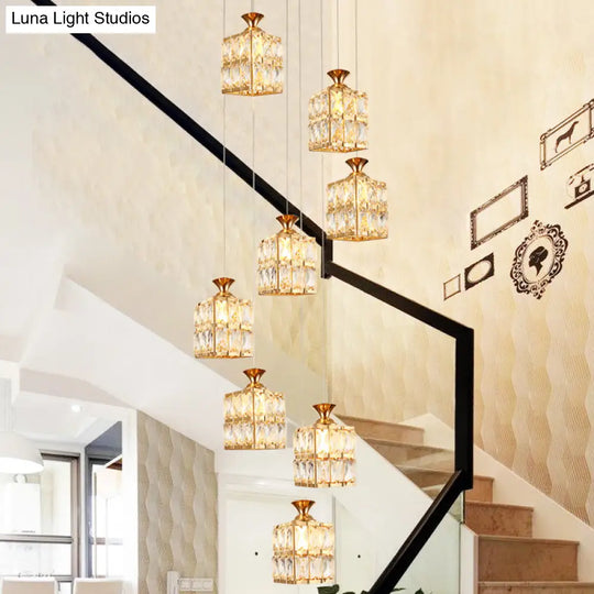 Contemporary Crystal Gold Cube Chandelier - 8-Bulb Suspension Lamp For Stairs