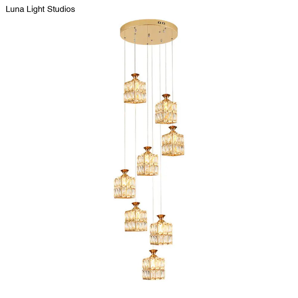 Contemporary Crystal Gold Cube Suspension Lamp - 8-Bulb Stair Pendant Chandelier