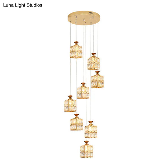 Contemporary Crystal Gold Cube Suspension Lamp - 8-Bulb Stair Pendant Chandelier