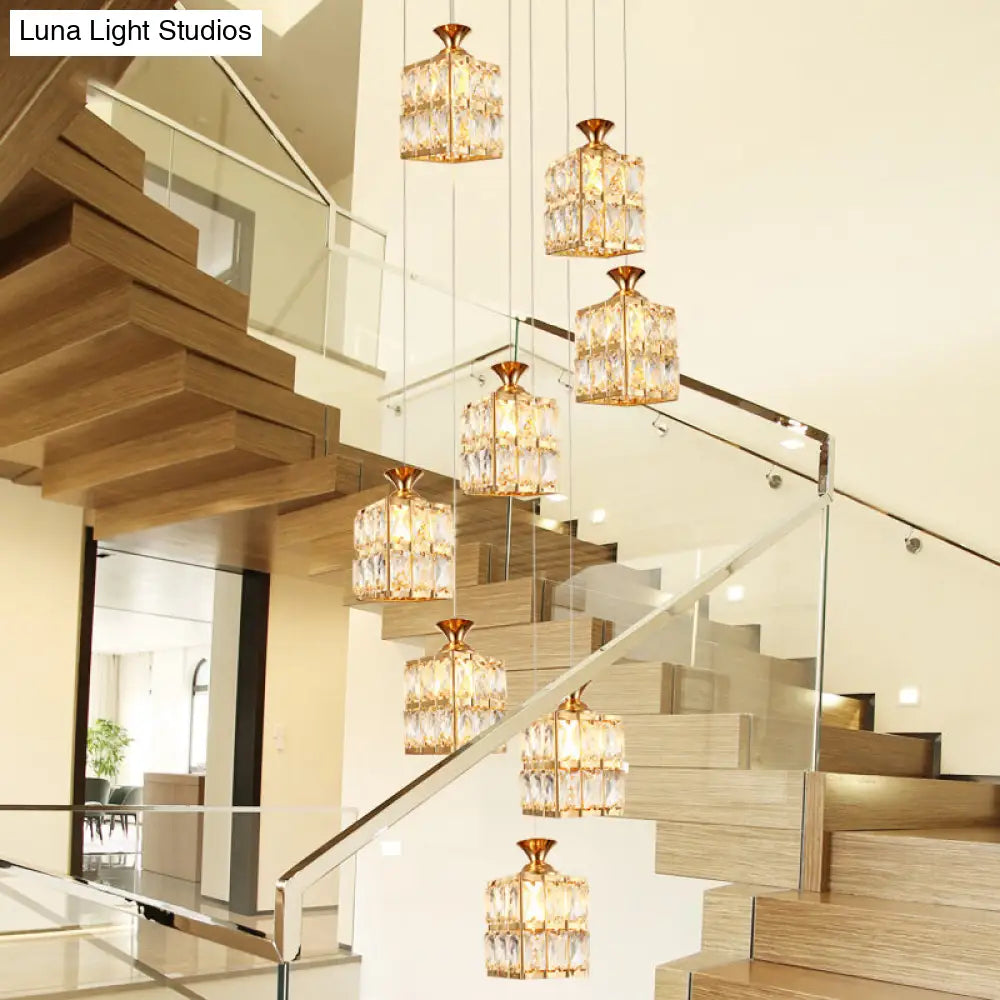 Contemporary Crystal Gold Cube Suspension Lamp - 8-Bulb Stair Pendant Chandelier