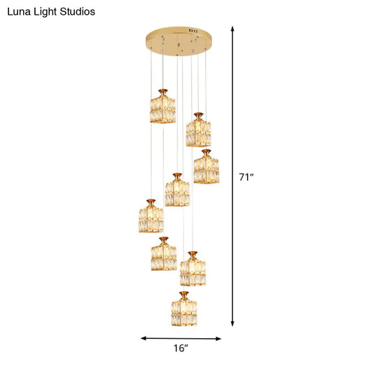 Contemporary Crystal Gold Cube Chandelier - 8-Bulb Suspension Lamp For Stairs