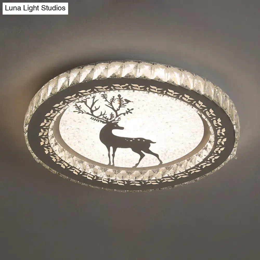 Contemporary Crystal Led Bedroom Ceiling Light In Stainless-Steel Flush Mount / Third Gear Deer