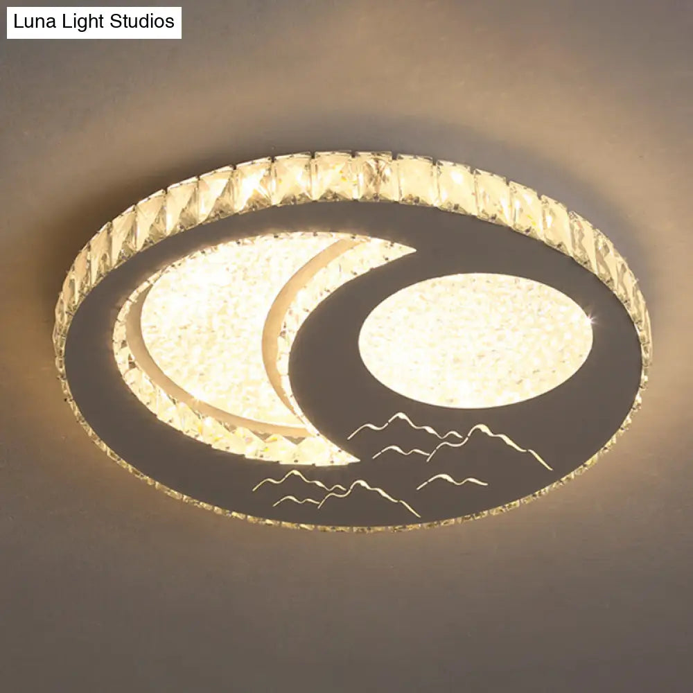 Contemporary Crystal Led Bedroom Ceiling Light In Stainless-Steel Flush Mount / Warm Moon