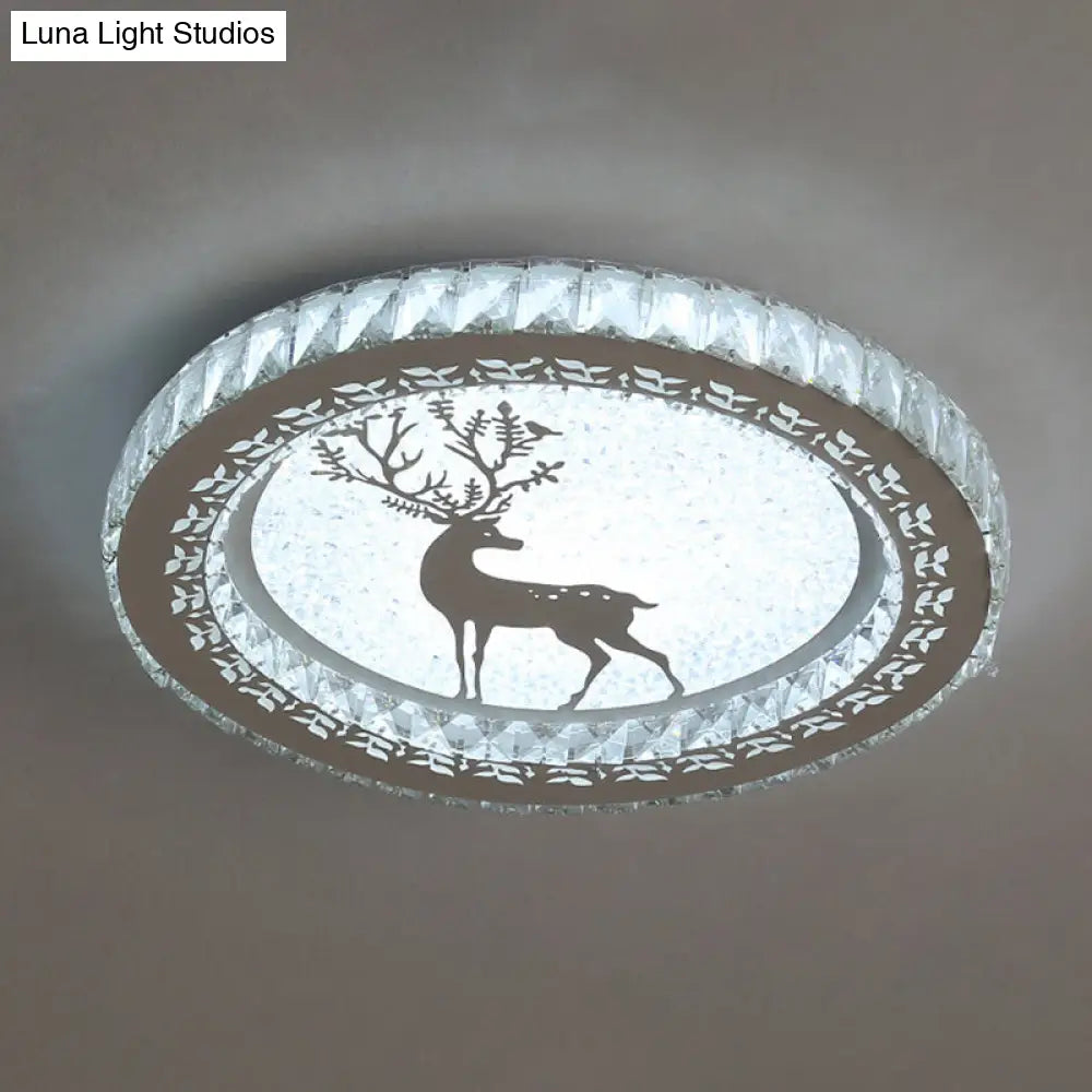 Contemporary Crystal Led Bedroom Ceiling Light In Stainless-Steel Flush Mount / White Deer