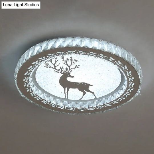 Contemporary Crystal Led Bedroom Ceiling Light In Stainless-Steel Flush Mount / White Deer